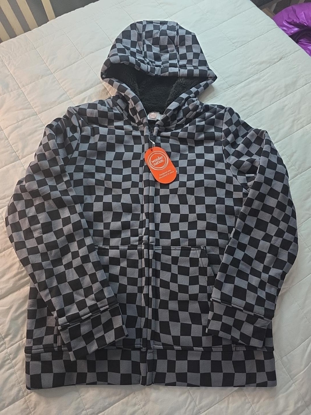 Wonder Nation Kids XL 14/16 Black Gray Checkered Sherpa Lined Zip Hoodie NWT
